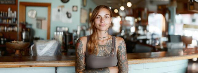 Fototapeta premium Tattoo artist stands confidently in a vibrant studio, showcasing her inked arms and artistic presence on a sunny day