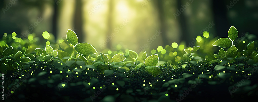 Poster vibrant green leaves glowing in a mystical forest with soft light filtering through.