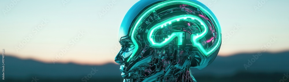 Poster a futuristic profile of a metallic head illuminated with glowing neural patterns against a serene ba