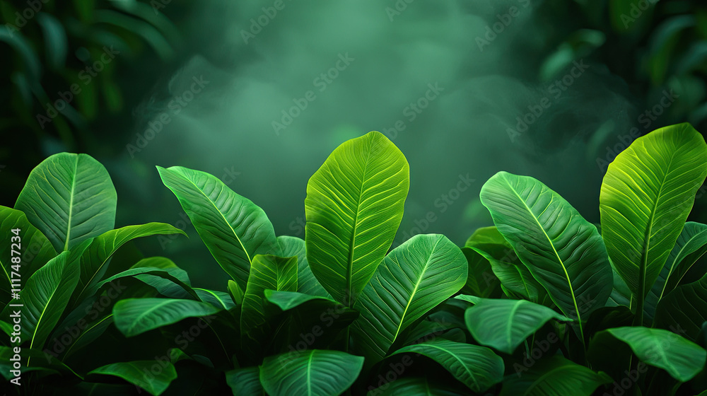Poster vibrant green leaves with a soft mist creating a serene natural atmosphere.