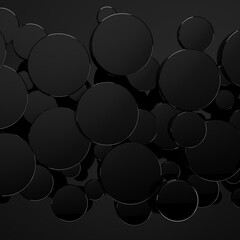 Festive black abstract background with flying glossy mirror plastic circles as pattern, top view. 3D illustration circles exquisite, rich, new year, geometric texture for sale, advertising, design.