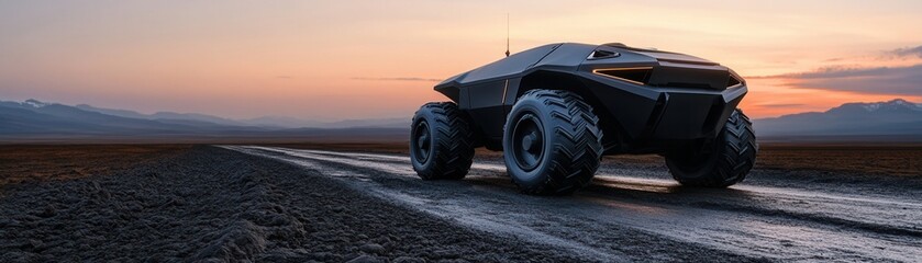 Naklejka premium A futuristic off-road vehicle is parked on a dirt path, with mountains and a colorful sunset in the background, showcasing rugged design and advanced technology.