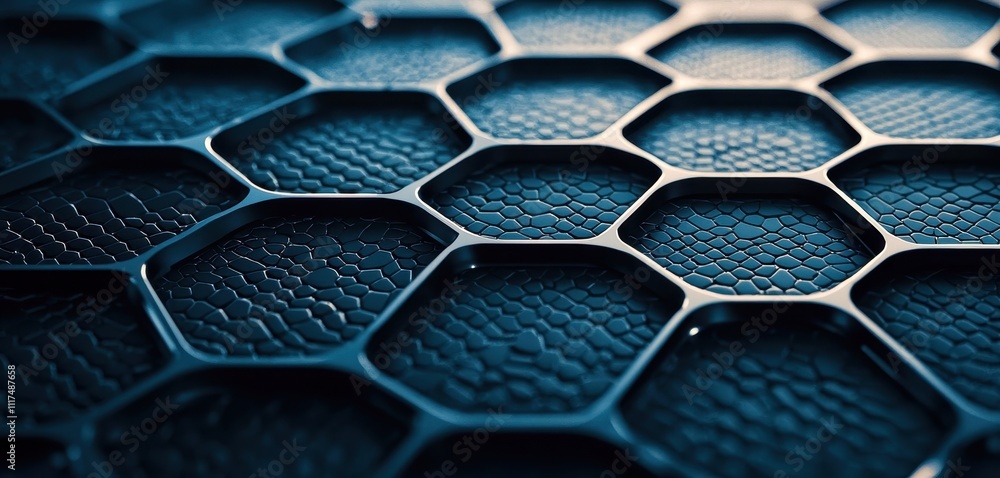 Poster close up of a blue surface with a pattern of hexagons