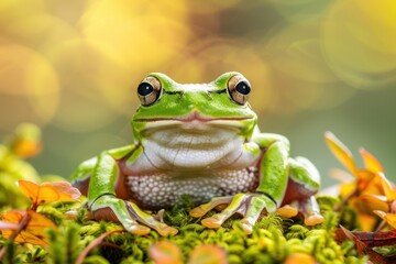 Fototapeta premium Close-up of a Vibrant Green Tree Frog Amidst Lush Moss and Autumnal Hues