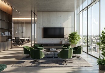Modern conference room with green style decor, featuring a television and contemporary furniture, designed for corporate meetings and professional presentations, offering a vibrant, fresh atmosphere.