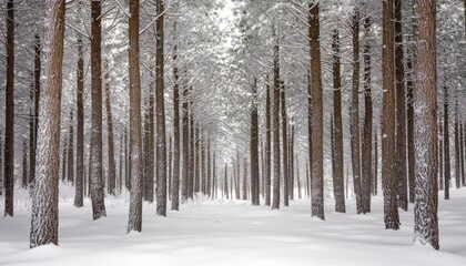 Fototapeta premium A serene winter forest scene with tall trees blanketed in snow.