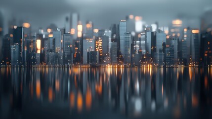 Fototapeta premium Urban skyline reflecting on calm water at dusk