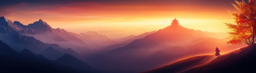 Fototapeta premium A serene landscape at sunset with mountains, mist, and a lone figure near a glowing tree, evoking tranquility and reflection.