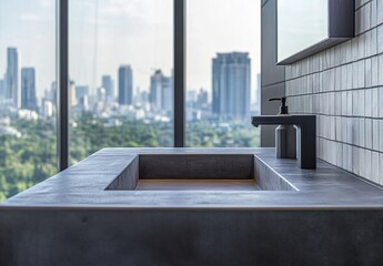 Modern bathroom interior with sink, faucet, and window offering view of city skyline in daylight. Clean and minimalist design with contemporary elements, showcasing urban living lifestyle.