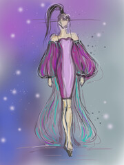 the girl in a dress, stylized model, stylized girl, girl on the catwalk, 2d graphics, fashion, fashion sketch