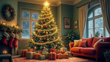 A festive scene of a Christmas tree adorned with lights, ornaments, and gifts