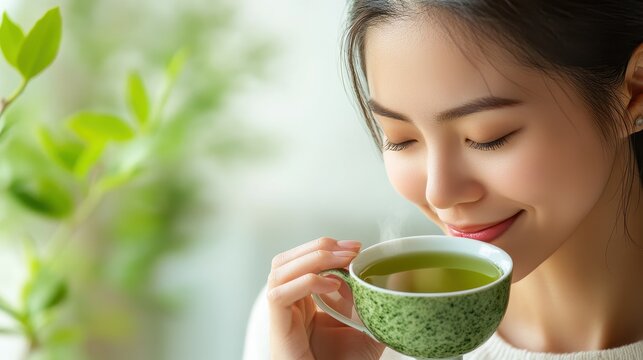 Woman enjoying a cup of green tea, eyes closed in peaceful bliss. Perfect for blogs, websites, or articles about healthy living, relaxation, and wellness.