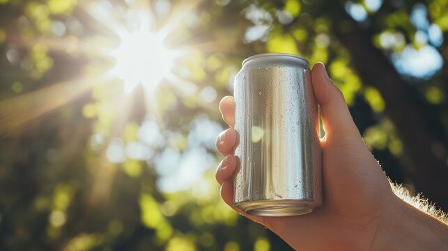 A hand holding an aluminum soda can against a sunny outdoor backdrop.