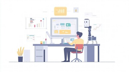 Man Working with AI Robot Assistant