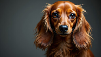 A long-haired dachshund with a focused expression against a blurred background.