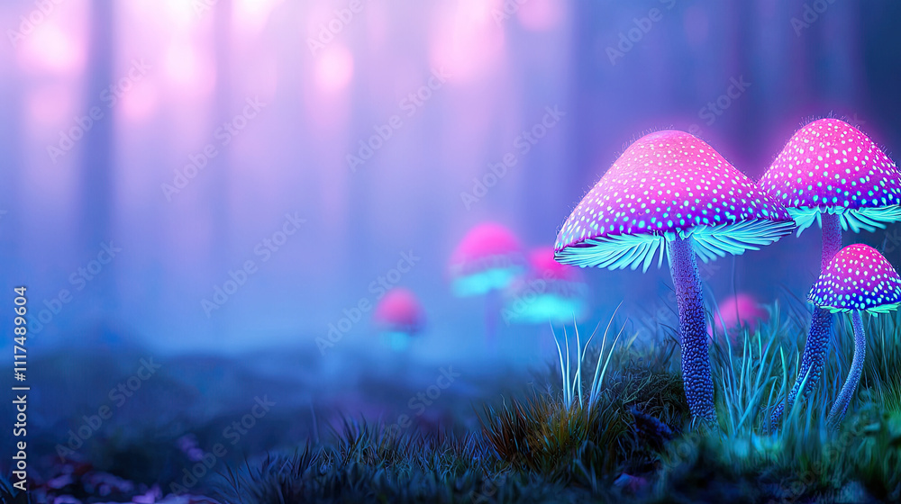 Poster vibrant mushrooms glow under a mystical forest canopy, creating an enchanting atmosphere.