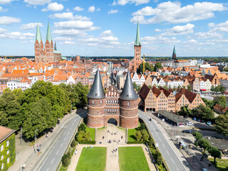 Holsten Gate Holstentor aerial view photo Hanseatic city of Lübeck in Germany