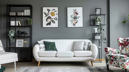 Modern living room with grey charcoal walls, white sofa, floral armchair, black metal bookshelf, and botanical wall art in city apartment,