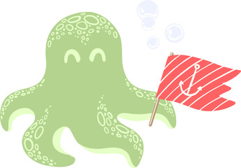 Clip art with cute octopus and flag. Vector cute illustration.