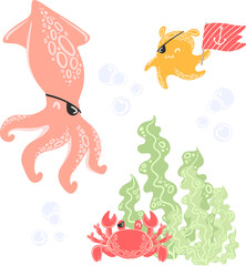 Vector clip art of squid pirat and octopus pirate and carb pirate.
