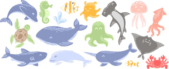 Set of sea animals. Vector cute cartoon whale and octopus and shark.