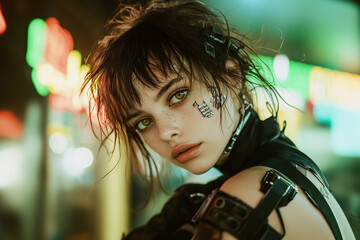 Fototapeta premium Cyberpunk girl with cybernetic enhancements in a neon-lit urban environment during nighttime