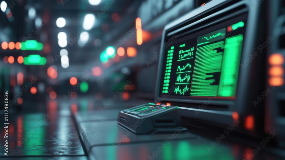 Poster futuristic control room interface with bright green data display, high-tech panels and led lights in