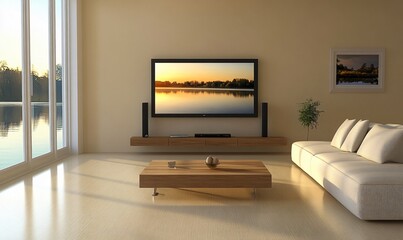 A modern living room with a television, featuring sleek and minimalist furniture, creating a cozy and stylish ambiance for relaxation and entertainment.