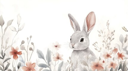 Obraz premium Charming Gray Bunny in a Floral Garden