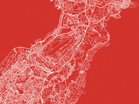 Christmas Map of Ginowan, Japan in Snowy White on Festive Red Background.