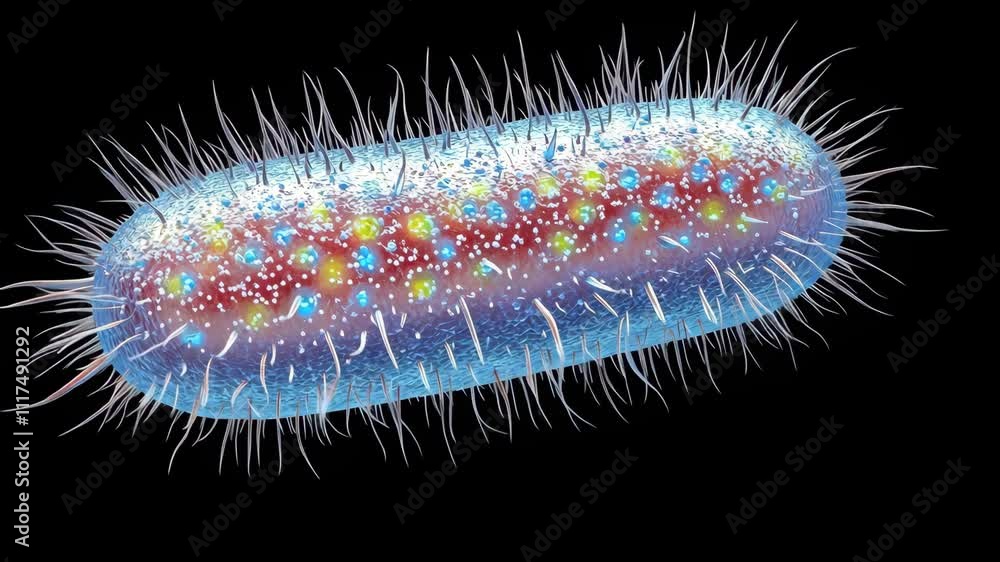 Poster detailed representation of a bacteria with cilia and colorful structure showcasing cellular features
