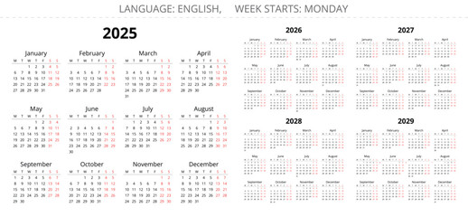 2025, 2026, 2027, 2028 and 2029 years english simple vector calendars 12 months. Week starts monday