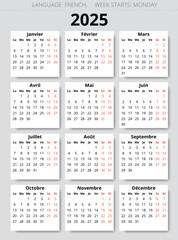 2025 FRENCH calendar. Vector illustration France. 12 months year calendrier