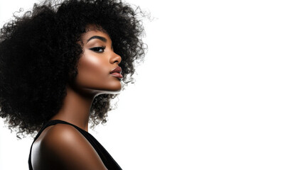 Elegant Black woman with curly hair poses gracefully against a bright white background, showcasing natural beauty and confidence.