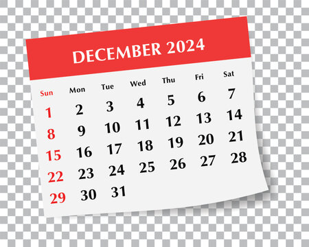 ENGLISH december 2024 calendar. Vector illustration transparent background