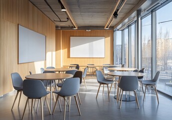 Modern beige-themed conference room in a startup office, featuring blank blackboard and decorative art frames, with sleek furniture and an open, collaborative design.