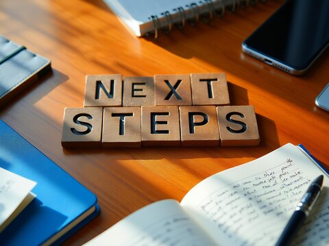 Wooden block next steps, notebook, cell phone