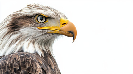 Obraz premium Close-up of a majestic eagle with striking yellow beak and piercing eyes against a clean white background, showcasing its regal and powerful presence.