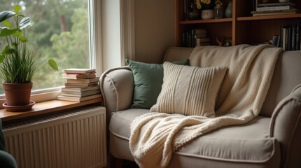 Fototapeta premium Cozy Reading Nook with Blanket, Pillow, and Books