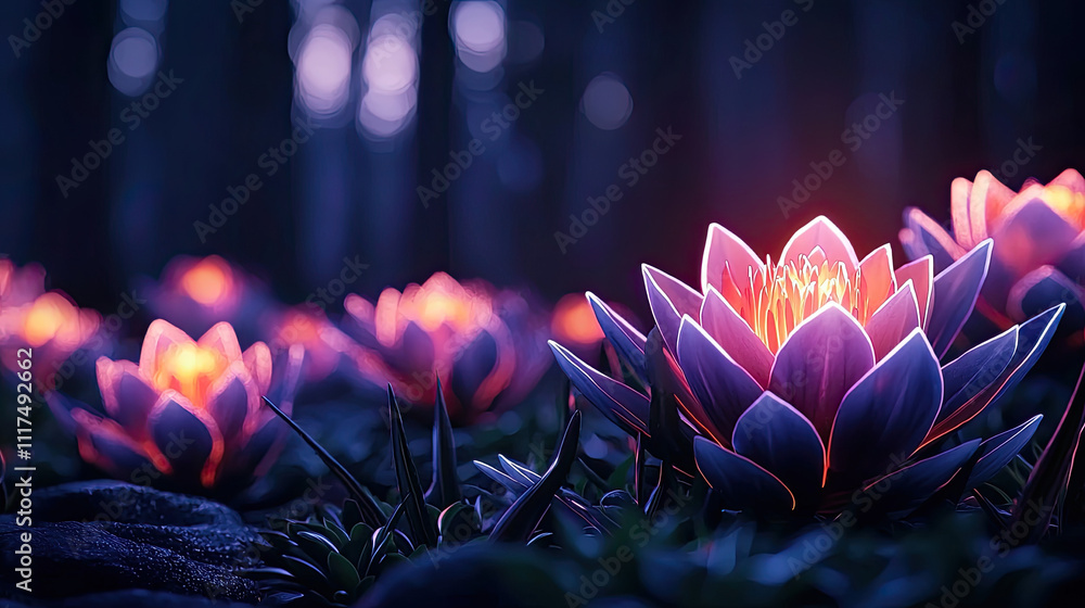 Poster vivid glowing flowers in a serene forest, creating a tranquil and magical atmosphere.