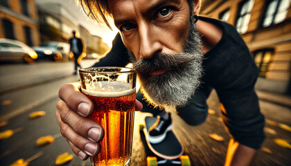 Close-up of a bearded man holding a glass of beer on a skateboard during golden hour in an urban setting.
