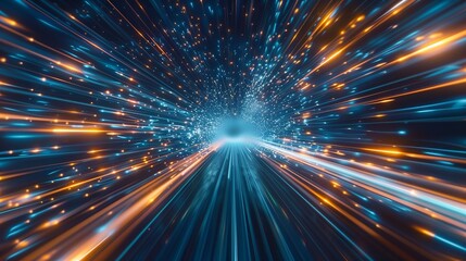 Fototapeta premium Speed of Light: A mesmerizing journey through a digital tunnel, where streaks of light blaze across the abyss, creating an ethereal and futuristic landscape.