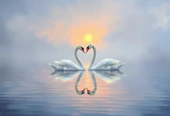 Realistic painting of two white swans swimming in a calm.