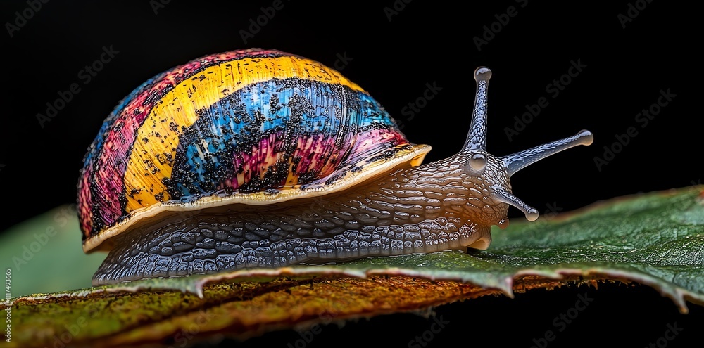Poster a colorful snail resting on a leaf, showcasing vibrant shell patterns and textures.