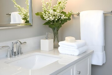 Stylish bathroom designs with elegant decorations, fresh plants, and towels, perfect for home interior inspiration.