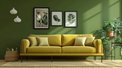 Modern living room with olive green walls, mustard yellow sofa, and minimalist decor elements