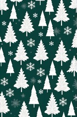 seamless pattern featuring white Christmas trees and snowflakes set against a dark green background. perfect for holiday decor, wallpapers