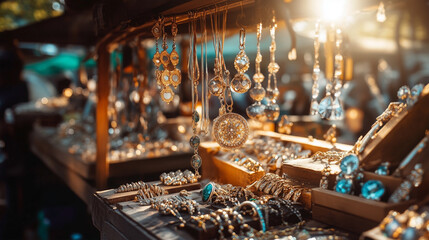 A jewelry stand with many different types of jewelry on display