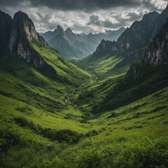 A lush green valley between two towering peaks.