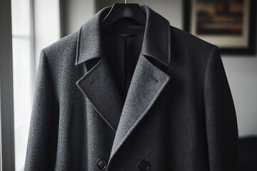 Stylish gray suit paired with a black trench coat arranged in a chic minimalist space The contrasting textures and elegant tailoring exude class and refinement